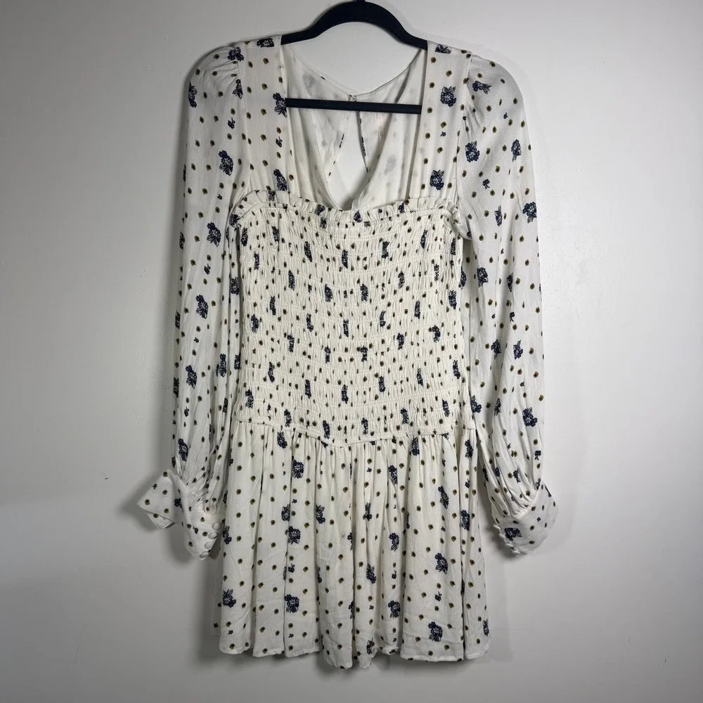 Free People‎ Two Faces Mini Dress XS White Floral Long Sleeve Boho Cottagecore